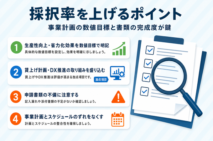補助金の採択率を上げる4つのポイント。生産性向上・省力化効果を数値目標で明記、賃上げ計画やDX推進を盛り込む、申請書類の不備に注意、事業計画とスケジュールのずれをなくす