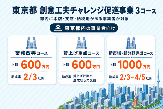 東京都の創意工夫チャレンジ促進事業3コースの比較図。業務改善コース(上限600万円・助成率2/3以内)、賃上げ重点コース(上限600万円)、新市場・新分野進出コース(上限1,000万円・助成率2/3〜4/5以内)