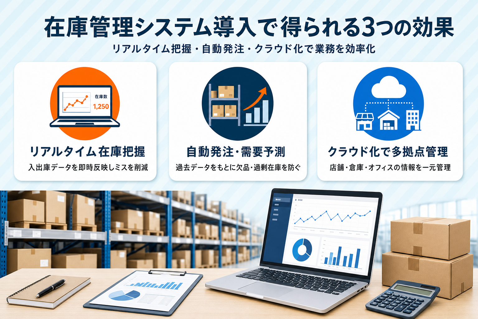 在庫管理システム導入で得られる3つの効果の図解。入出庫データを即時反映するリアルタイム在庫把握、過去データをもとに欠品・過剰在庫を防ぐ自動発注・需要予測、店舗や倉庫の情報を一元管理するクラウド化による多拠点管理