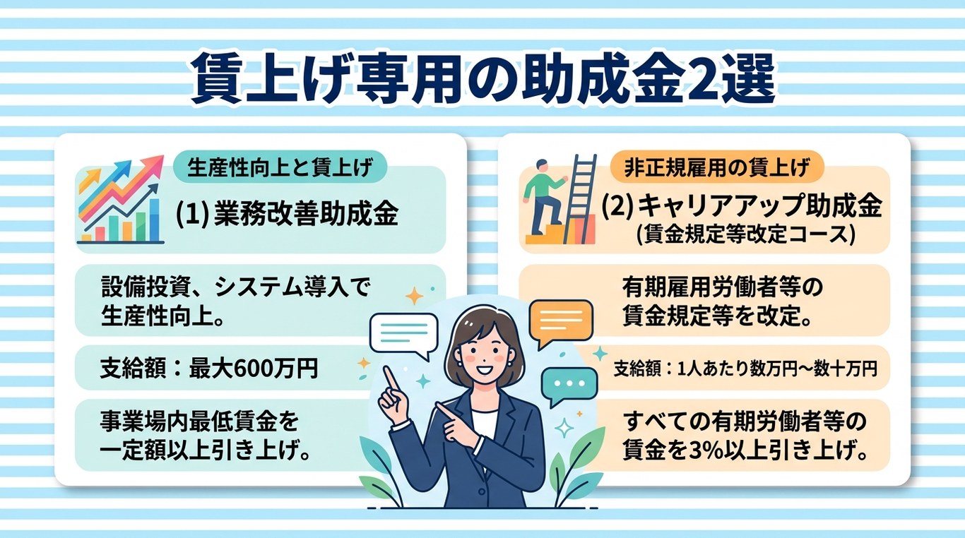 業務改善助成金とキャリアアップ助成金の特徴と対象を示す比較図