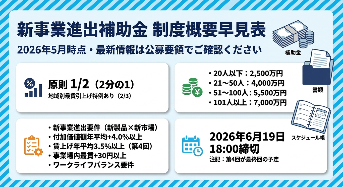 新事業進出補助金 制度概要早見表 補助率・補助上限額・基本5要件