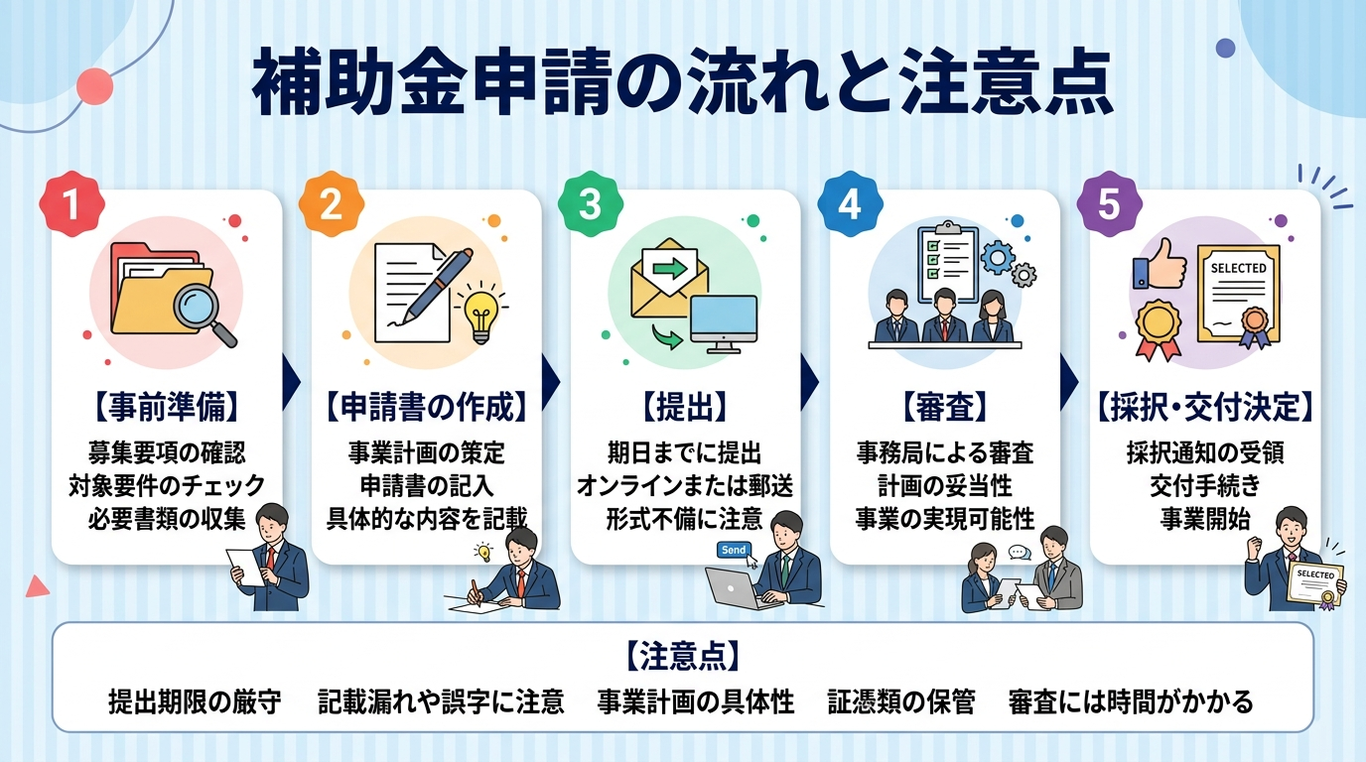 賃上げ補助金・助成金の申請ステップとよくある失敗事例を示すフロー図