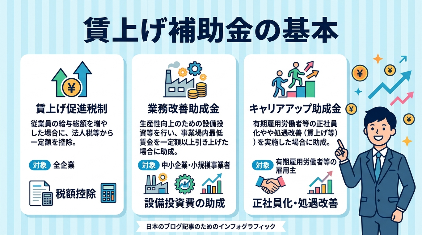 補助金・助成金・税制優遇の3系統と違いを示す基本知識図